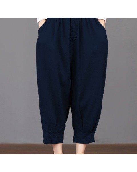 Casual Solid Color Elastic Waist Loose Cotton Pants