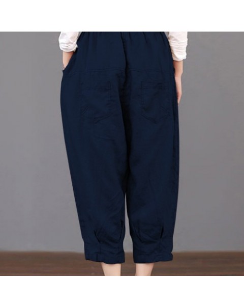 Casual Solid Color Elastic Waist Loose Cotton Pants