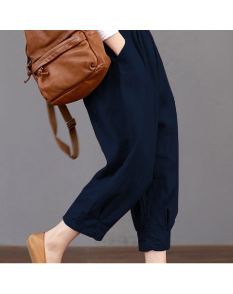 Casual Solid Color Elastic Waist Loose Cotton Pants