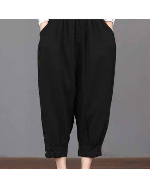 Casual Solid Color Elastic Waist Loose Cotton Pants