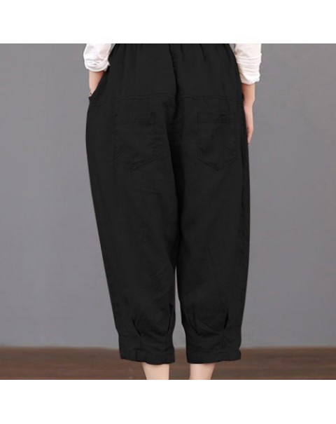 Casual Solid Color Elastic Waist Loose Cotton Pants