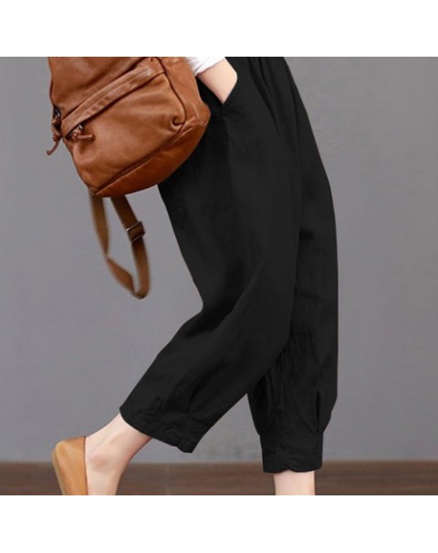 Casual Solid Color Elastic Waist Loose Cotton Pants