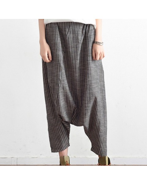 Black/Navy Loose Stripe Cotton Hemp Harem Pants