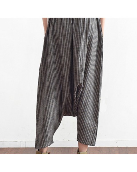 Black/Navy Loose Stripe Cotton Hemp Harem Pants