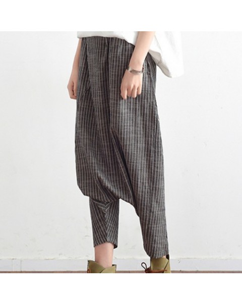 Black/Navy Loose Stripe Cotton Hemp Harem Pants