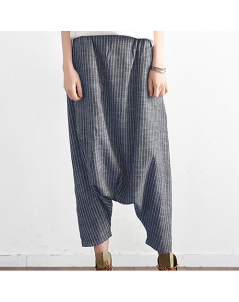 Black/Navy Loose Stripe Cotton Hemp Harem Pants