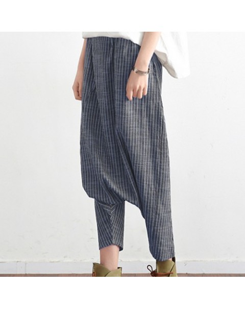 Black/Navy Loose Stripe Cotton Hemp Harem Pants