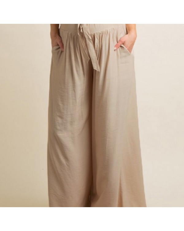 Beige/Blue Loose High Waist Wide Leg Long Pants