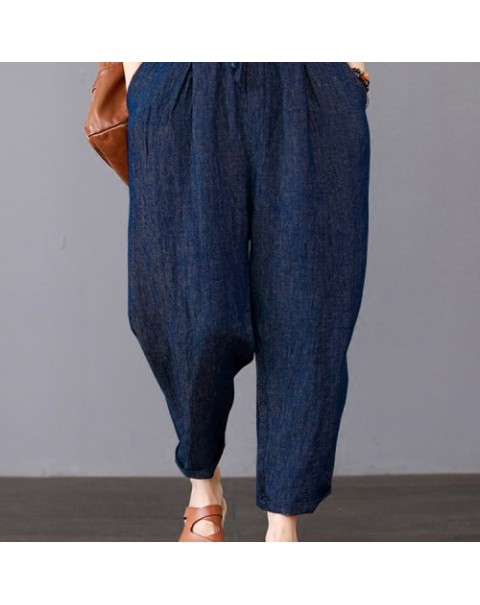 Dark Blue Elastic High Waist Loose Harem Cotton Pants