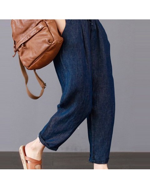 Dark Blue Elastic High Waist Loose Harem Cotton Pants