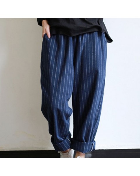 Casual High Elastic Waist Striped Loose Cotton Harem Pants