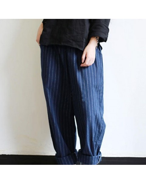 Casual High Elastic Waist Striped Loose Cotton Harem Pants