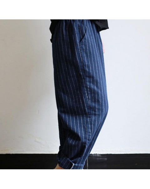 Casual High Elastic Waist Striped Loose Cotton Harem Pants