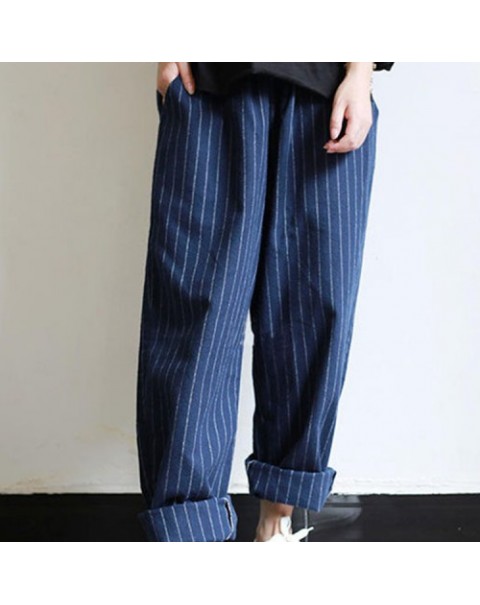 Casual High Elastic Waist Striped Loose Cotton Harem Pants