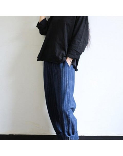 Casual High Elastic Waist Striped Loose Cotton Harem Pants