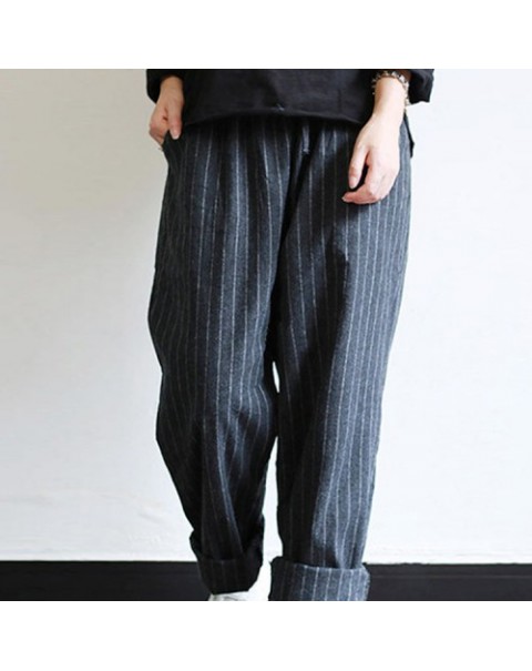 Casual High Elastic Waist Striped Loose Cotton Harem Pants