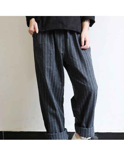 Casual High Elastic Waist Striped Loose Cotton Harem Pants