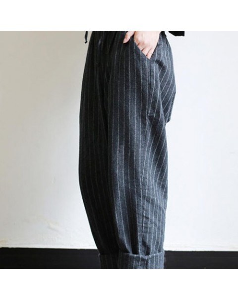 Casual High Elastic Waist Striped Loose Cotton Harem Pants