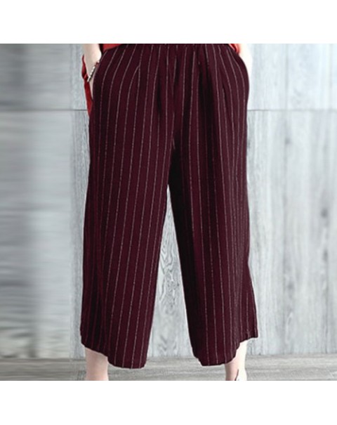 Black/Burgundy High Waist Casual Loose Stripe Long Pants 