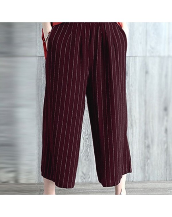 Black/Burgundy High Waist Casual Loose Stripe Long Pants 