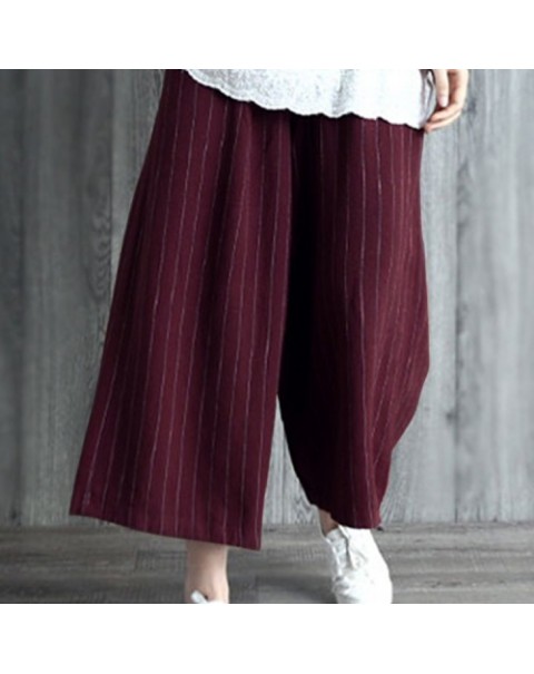 Black/Burgundy High Waist Casual Loose Stripe Long Pants 