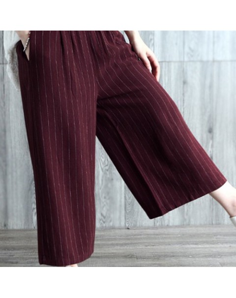 Black/Burgundy High Waist Casual Loose Stripe Long Pants 