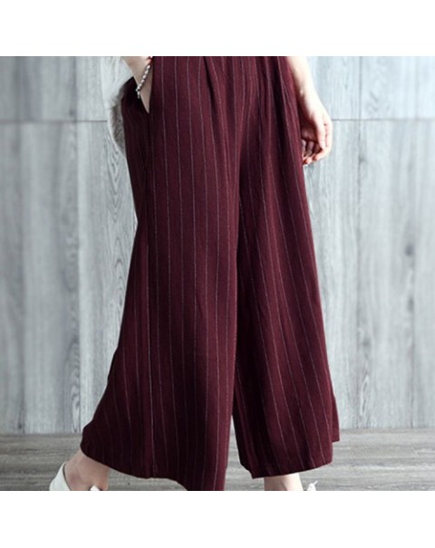 Black/Burgundy High Waist Casual Loose Stripe Long Pants 