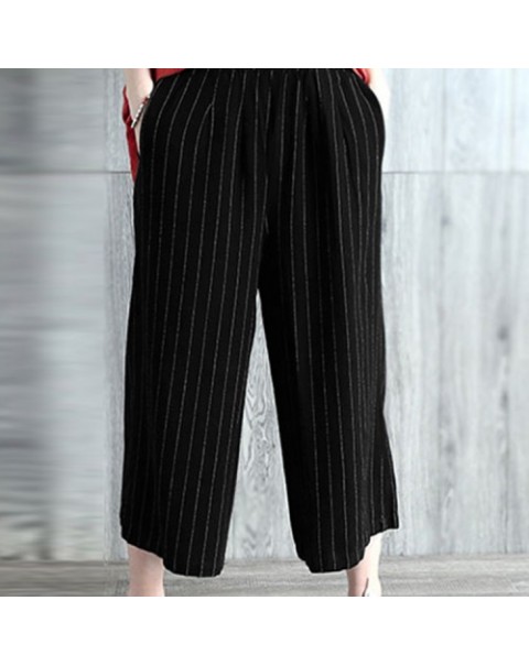 Black/Burgundy High Waist Casual Loose Stripe Long Pants 