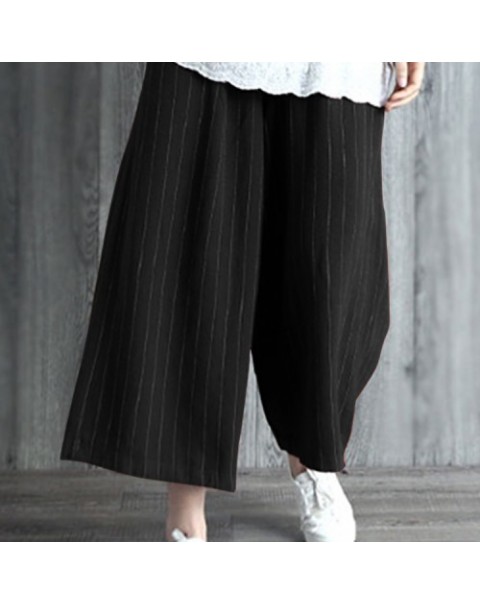 Black/Burgundy High Waist Casual Loose Stripe Long Pants 