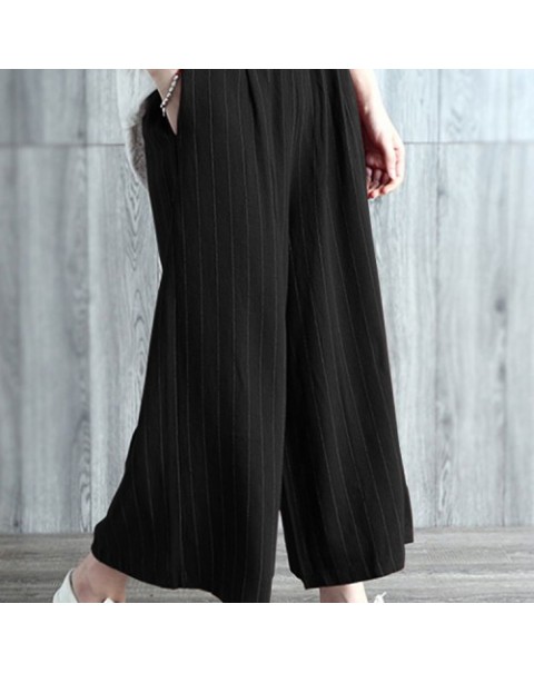 Black/Burgundy High Waist Casual Loose Stripe Long Pants 