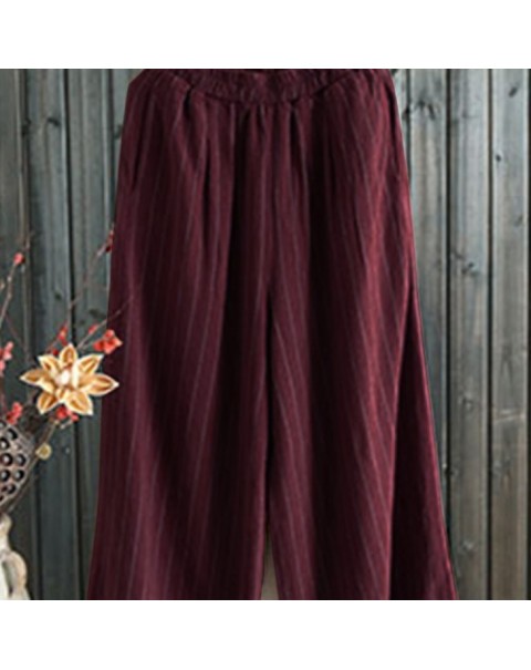 Black/Burgundy High Waist Casual Loose Stripe Long Pants 