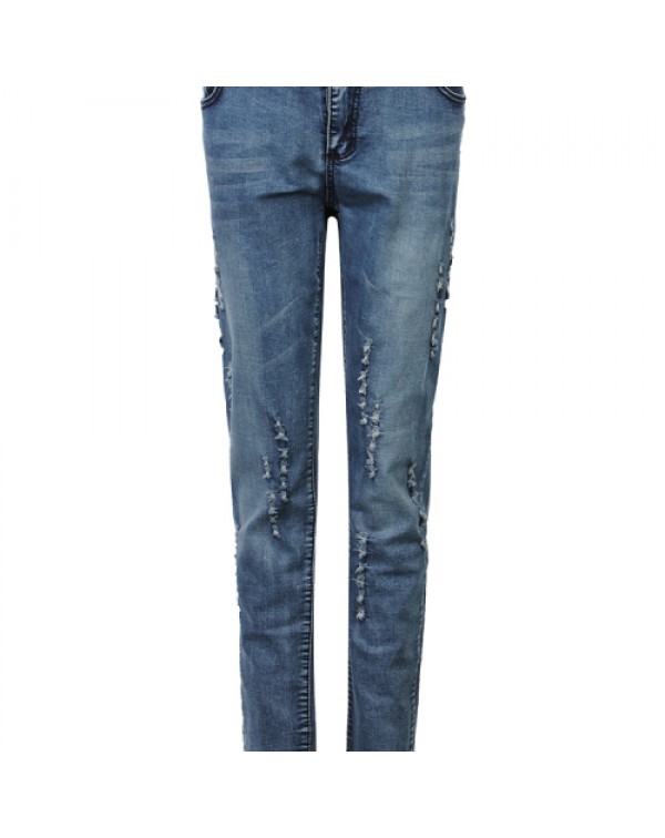 Casual Solid Color Ripped Holes Skinny Denim Pants