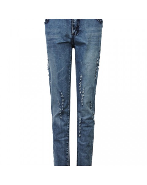 Casual Solid Color Ripped Holes Skinny Denim Pants