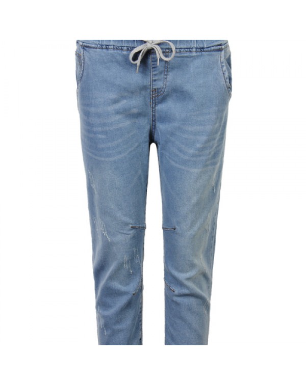 Blue Simple Casual Elastic Waist Jeans