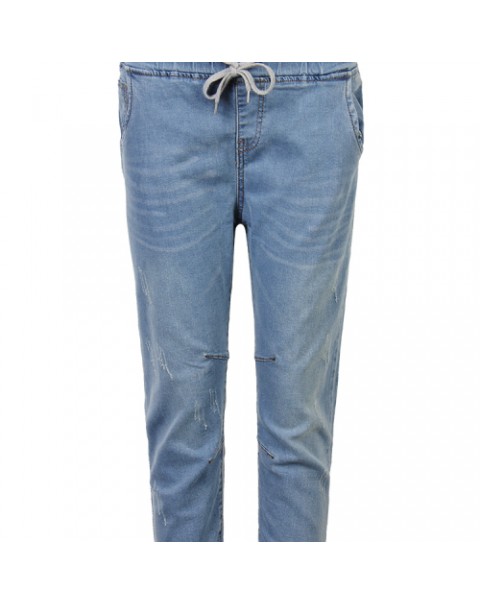 Blue Simple Casual Elastic Waist Jeans