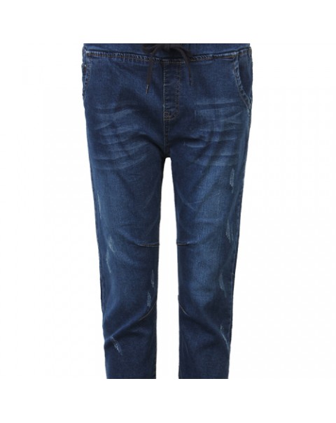 Blue Simple Casual Elastic Waist Jeans