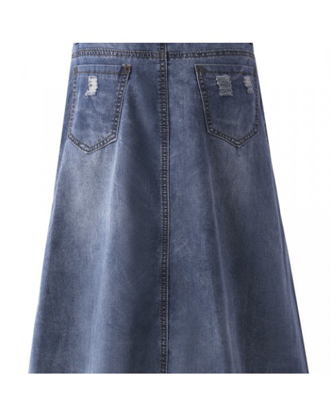 Casual Ripped Single Breasted Denim Midi Skirt