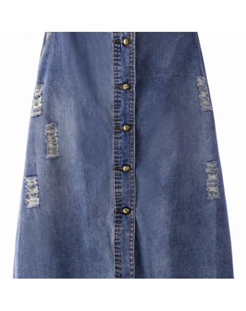 Casual Ripped Single Breasted Denim Midi Skirt