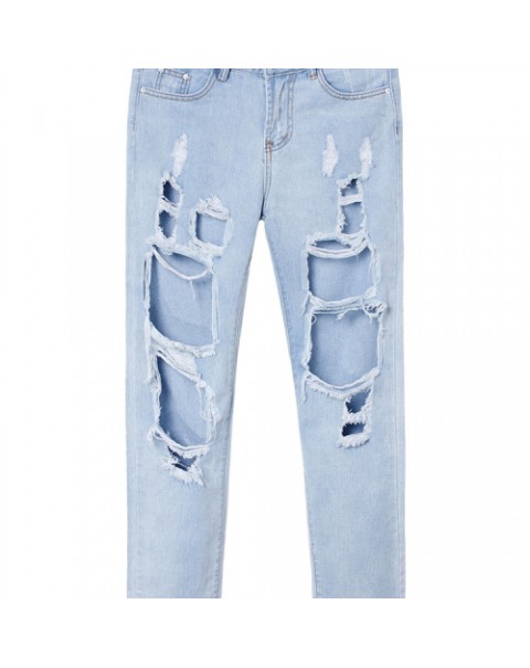 Light Blue Casual Zipper Ripped Long Denim Jeans