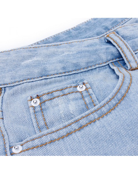 Light Blue Casual Zipper Ripped Long Denim Jeans