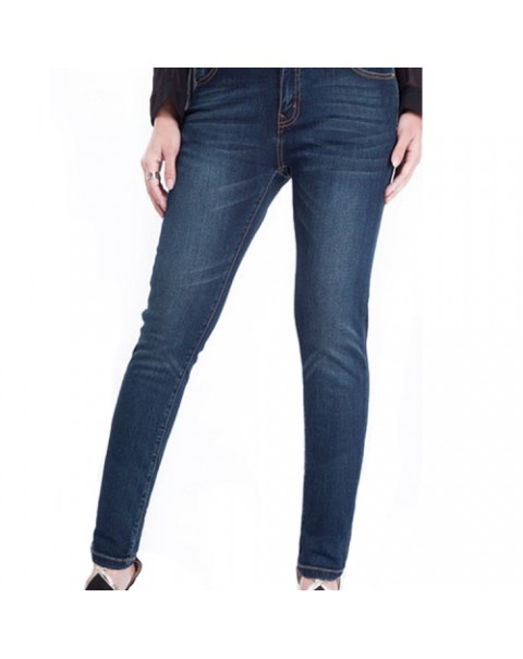 Plus Size Women Solid Mid Waist Zipper Button Elastic Skinny Denim Jeans