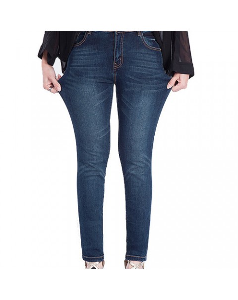 Plus Size Women Solid Mid Waist Zipper Button Elastic Skinny Denim Jeans