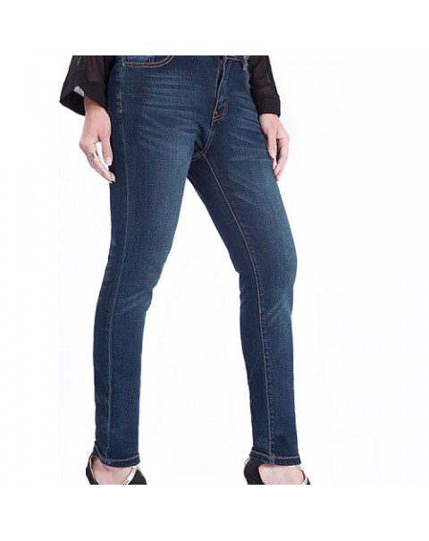 Plus Size Women Solid Mid Waist Zipper Button Elastic Skinny Denim Jeans