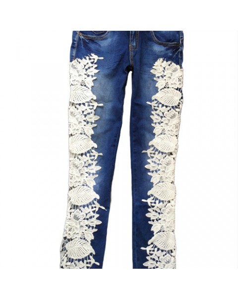 Fashion White Lace Decoration Long Ripped Denim Jeans