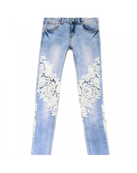 Fashion White Lace Decoration Long Ripped Denim Jeans