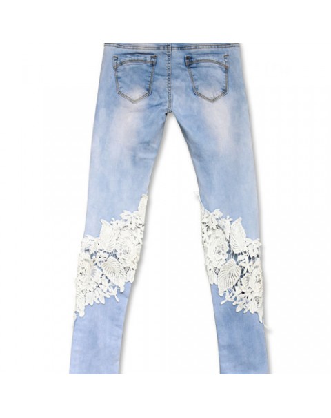 Fashion White Lace Decoration Long Ripped Denim Jeans