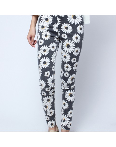 Fashion Gray Floral Skinny Long Jeans