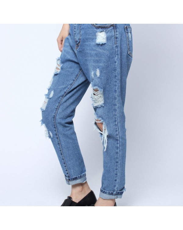 Blue Vintage Loose Ripped Long Denim Jeans