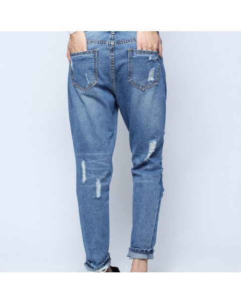 Blue Vintage Loose Ripped Long Denim Jeans