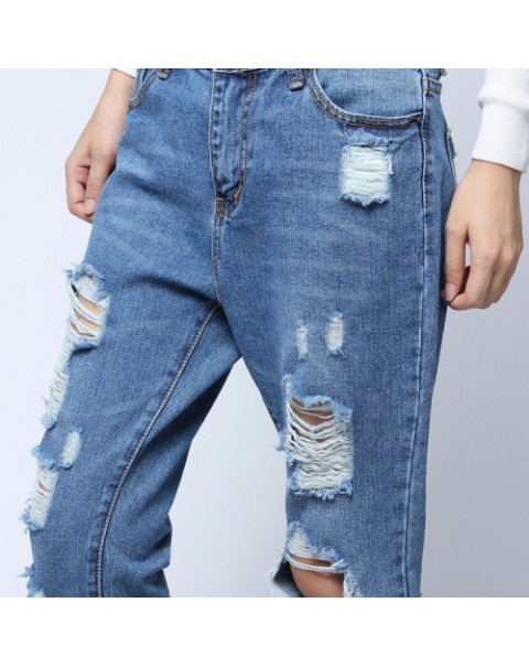 Blue Vintage Loose Ripped Long Denim Jeans